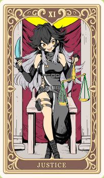 1girl arm_pouch asymmetrical_legwear balance_scale banner bare_shoulders belt black_hair bodysuit boots border breasts card card_(medium) chair commentary_request cross-laced_clothes elbow_gloves fangs fingerless_gloves full_body gloves goddess_of_victory:_nikke hair_between_eyes halterneck highres holding holding_knife holding_scale holding_weapon justice_(tarot) k_(nikke) knife large_breasts long_hair messy_hair multicolored_hair open_mouth orange_eyes pouch sidelocks sitting solo strap syope tarot tarot_card thigh_pouch tunic underbust weapon weighing_scale white_hair