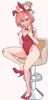 1girl absurdres ahoge animal_ear_hairband animal_ears asymmetrical_hair black_halo blue_archive blush bow bowtie braid chair commentary detached_collar english_commentary fake_animal_ears full_body hairband halo high_heels highres huge_ahoge leotard neru_(blue_archive) neru_(bunny)_(blue_archive) nose_blush orange_hair playboy_bunny rabbit_ears red_bow red_bowtie red_eyes red_leotard red_shoes revision shoes simple_background single_braid sitting solo strapless strapless_leotard tag two_handy white_background