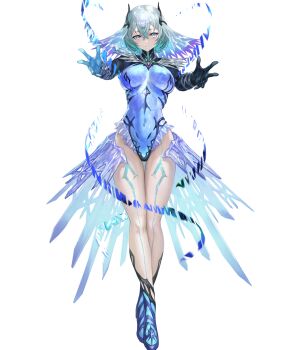 1girl asymmetrical_gloves black_gloves blue_eyes blue_gloves blue_leotard breasts facial_hair fimbulvetr_(fire_emblem) fire_emblem fire_emblem_heroes gloves high_heels highres large_breasts leotard looking_at_viewer mismatched_gloves nintendo non-web_source official_art reaching reaching_towards_viewer short_hair solo tachi-e white_hair