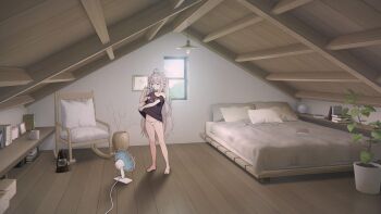 1girl a_simple_life_with_my_unobtrusive_sister absurdres ahoge bare_arms barefoot bed bed_sheet bedroom black_shirt book breasts chair commentary_request cup day electric_fan highres indoors lantern long_hair medium_breasts niliu_chahui original panties pillow plant pointy_ears potted_plant shelf shirt standing summer t-shirt underwear very_long_hair white_panties wide_shot window wooden_floor