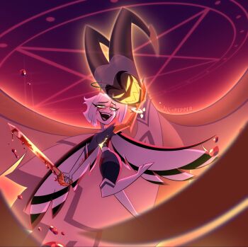 1boy 1girl adam_(hazbin_hotel) angel black_dress black_pants blood blood_on_face boots dress glowing glowing_eyes grin halo hazbin_hotel hellaverse helm helmet highres holding holding_sword holding_weapon horns lute_(hazbin_hotel) pants pentagram saitypepper short_dress short_hair smile sword teeth weapon white_boots white_hair wings