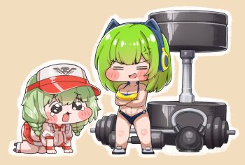 2girls all_fours animal_ear_headphones animal_ears arms_under_breasts banshee_(last_origin) barbell bikini blush_stickers braid cat_ear_headphones cat_ears chibi closed_eyes commentary_request commission dumbbell fake_animal_ears green_hair headphones highres last_origin meme micro_bikini mighty_r miniapron miniskirt multiple_girls noonnoon531 official_alternate_costume official_alternate_hairstyle pleading_eyes revealing_clothes roller_skates short_hair shrug_(clothing) simple_background skates skirt speakiposting_(meme) sports_bra sports_panties swimsuit tearing_up twin_braids waitress