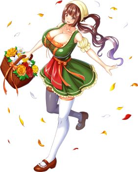 Rule 34 | 1girl, basket, breasts, brown eyes, brown hair, dress, flower, game cg, huge breasts, kyonyuu fantasy, kyonyuu fantasy burst, official alternate costume, official art, rin (kyonyuu fantasy burst), shoes, tagme, thighs, third-party source, twintails