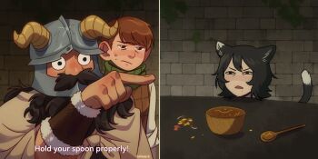 1girl 2boys beard blush bowl cat_girl chilchuck_tims clueless dungeon_meshi dwarf english_text facial_hair fake_horns helmet highres horned_helmet horns izutsumi long_beard meme multiple_boys mustache nose_blush pointing pointing_at_another senshi_(dungeon_meshi) split_screen spoon subtitled sweatdrop thick_mustache very_long_beard winnie62123994 woman_yelling_at_cat_(meme)