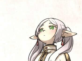 1girl commentary earrings english_commentary frieren green_eyes grey_hair ironlily jewelry long_hair meme negative_space pointy_ears solo sousou_no_frieren teardrop_earrings twintails upward_angle_frieren_drawing_(meme)