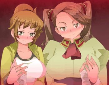 1boy 2girls animated animated_gif assertive_female black_eyes blush bracer breast_press breasts brown_eyes grabbing_another&#039;s_breast grabbing_another&#039;s_breast groping guided_breast_grab guiding_hand gundam gundam_build_fighters gundam_build_fighters_try hand_on_another&#039;s_arm hand_on_breast hoshino_fumina hybrid_animation looking_at_viewer multiple_girls name_john ponytail red_background sazaki_kaoruko seductive_smile smile sports_bra twintails