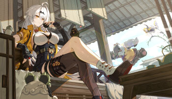 1boy 2girls absurdres ahoge animal_ears bamboo bangboo_(zenless_zone_zero) belion_(zenless_zone_zero) bird black_gloves black_thighhighs blonde_hair breasts bupa_chila cloud cloudy_sky commentary_request crossed_legs cup fingerless_gloves gloves hair_ornament heart high-waist_shorts highres holding holding_cup jacket ju_fufu multiple_girls pan_yinhu panda_boy shirt shorts single_thighhigh sitting sky table tail thigh_strap thighhighs tiger_ears tiger_girl tiger_tail watermark white_hair yellow_eyes yellow_jacket yixuan_(zenless_zone_zero) zenless_zone_zero