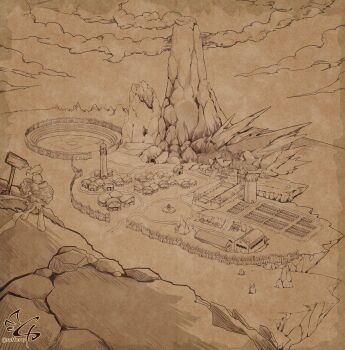 Rule 34 | 1girl, alternate design, armarouge, armor, artist name, cliff, cloud, cloudy sky, facing away, farm, fence, field, highres, house, mountain, mountainous horizon, nintendo, outline, pauldrons, perimeter wall, pleated skirt, plume, pokemon, pokemon (creature), pokemon focus, scenery, sepia, shoulder armor, sign, signature, skirt, sky, sufferay, tower, wind, wooden fence