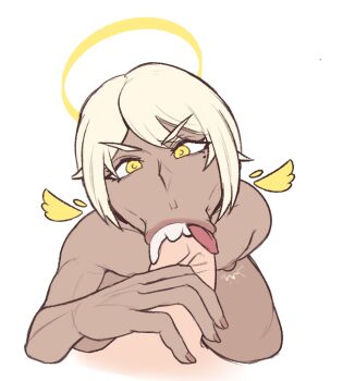 2boys :>= androgynous angel angel_boy cum cum_in_mouth dark-skinned_male dark_skin deepthroat eyelashes fellatio fingernails gabi_(kelvin_hiu) halo looking_at_another looking_at_viewer mini_wings mole mole_under_eye multiple_boys nipple_stimulation nipple_tweak nipples oral original parted_lips penis simple_background soksny tongue tongue_out trap veins veiny_penis white_background wide_hips wings yaoi yellow_eyes