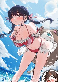 1boy 1girl bikini black_hair blood blue_sky boku_no_kokoro_no_yabai_yatsu brown_eyes cloud day feet_out_of_frame frilled_bikini frills horizon ichikawa_kyoutarou lens_flare nogitarou nosebleed ocean official_alternate_costume outdoors red_bikini sky solo_focus swimsuit twintails wading yamada_anna