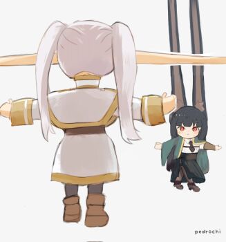 2girls animal_ear_fluff animal_ears artist_name bane_vs._pink_guy_(meme) belt comically_large_ears black_hair black_necktie blunt_bangs blush boots brown_belt brown_footwear capelet chibi chibi_only closed_mouth commentary fox_ears fox_girl frieren from_behind full_body highres hoshimi_miyabi jacket long_hair long_sleeves meme multiple_girls necktie outstretched_arms pedrochi pointy_ears red_eyes sidelocks sousou_no_frieren spread_arms standing t-pose twintails very_long_ears white_background white_capelet white_hair wide_sleeves zenless_zone_zero