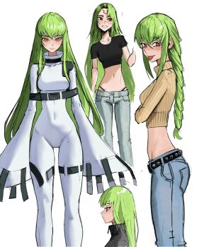 absurdres belt blush bodysuit braid braided_ponytail breasts c.c. code_geass collarbone crop_top crossed_arms denim facial_mark forehead_mark geass green_hair highres jeans long_hair looking_at_viewer navel pants simple_background skinny small_breasts smile standing tefi_blum tongue tongue_out white_background white_bodysuit yellow_eyes