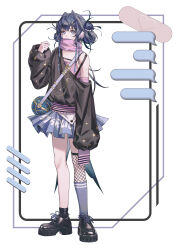 Rule 34 | 1girl, absurdres, alternate costume, alternate hairstyle, arknights, arm at side, astesia (arknights), bag, bandaid, black footwear, black shirt, blue eyes, blue hair, blue skirt, blue socks, border, commentary, english commentary, feather hair, feathers, fishnets, hair up, hand up, highres, jirai kei, looking at viewer, off shoulder, pink scarf, pink shirt, platform footwear, pleated skirt, scarf, shirt, simple background, single sock, skirt, sleeves past fingers, sleeves past wrists, socks, solo, speech bubble, tank top, white background, zhuang yao