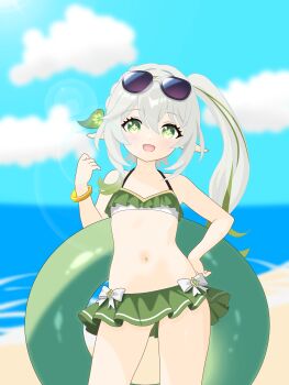 1girl alternate_costume bare_shoulders beach bikini bow cloud commentary_request day eyewear_on_head flat_chest frilled_bikini frills genshin_impact gradient_hair green_bikini green_eyes green_hair hair_between_eyes hair_ornament hand_on_own_hip hand_up highres innertube leaf_hair_ornament long_hair looking_at_viewer multicolored_hair nahida_(genshin_impact) nana5863390 navel open_mouth outdoors pointy_ears side_ponytail solo star-shaped_pupils star_(symbol) stomach sunglasses swim_ring swimsuit symbol-shaped_pupils tinted_eyewear white_bow white_hair