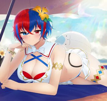 1girl alternate_hair_length alternate_hairstyle bikini blue_eyes blue_hair blue_sky blush bow bracelet breasts cleavage closed_mouth cloud commentary crossed_bangs day doiparuni english_commentary female_alear_(fire_emblem) fingernails fire_emblem fire_emblem_engage flower hair_between_eyes hair_flower hair_ornament head_rest heterochromia highres jewelry lens_flare looking_at_viewer lying multicolored_hair nintendo on_stomach outdoors red_eyes red_hair short_hair sky smile solo split-color_hair swimsuit two-tone_hair umbrella white_bow