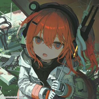 1girl a.i._voice adachi_rei android black_shirt camera_eyes cellphone commentary computer_keyboard copyright_notice crt drawstring film_grain flip_phone flower from_above gloves grass hair_between_eyes hair_ornament hair_ribbon hairclip headphones headset highres holding holding_umbrella hood hooded_jacket jacket long_sleeves looking_at_viewer medium_hair merchandise_available microphone official_art one_side_up open_clothes open_jacket open_mouth orange_eyes orange_hair outdoors overgrown phone ribbon rubble shirt solo tekito_midori television text_in_eyes turtleneck umbrella white_flower white_gloves white_jacket white_ribbon