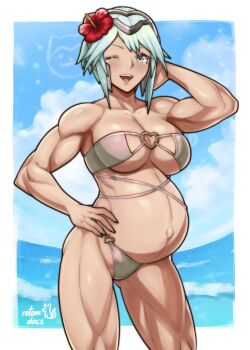 1girl ;d absurdres alternate_costume arm_behind_head arm_up armpits bare_arms bare_shoulders bikini blue_hair breasts cleavage collarbone commission cowboy_shot dagr_(fire_emblem) fire_emblem fire_emblem_heroes flower gluteal_fold hair_flower hair_ornament hand_on_own_hip headpiece heart heart_o-ring hibiscus highres ko-fi_commission large_breasts looking_at_viewer muscular muscular_female navel nintendo o-ring o-ring_bikini ocean one_eye_closed open_mouth outdoors pregnant rotomdocs sandals short_hair smile solo stomach strapless strapless_bikini swimsuit thighs underboob