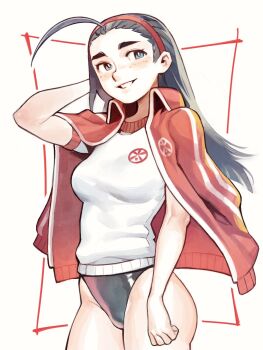 Rule 34 | 1girl, black hair, blue buruma, blue eyes, breasts, buruma, closed mouth, commentary, crossed arms, effy neprin, english commentary, grey background, grey eyes, gym shirt, gym shorts, gym uniform, hairband, highres, iinchou (justice gakuen), jacket, jacket on shoulders, justice gakuen, lips, long hair, looking at viewer, pacific high school uniform, red hairband, school uniform, shiny skin, shirt, short sleeves, shorts, small breasts, smile, solo, taiyou gakuen uniform, thighs, track jacket, white background