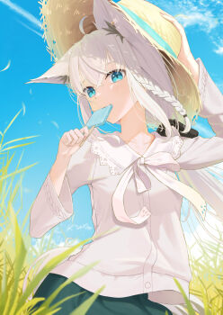 Rule 34 | 1girl, absurdres, adjusting clothes, adjusting headwear, ahoge, animal ears, aqua eyes, bangom r, black ribbon, blue sky, bow, bowtie, braid, cloud, commentary, day, double-parted bangs, food, food in mouth, fox ears, fox girl, green skirt, hair between eyes, hair ribbon, hat, highres, hololive, long hair, long sleeves, looking at viewer, low ponytail, official alternate costume, outdoors, ponytail, popsicle, popsicle in mouth, ribbon, shirakami fubuki, shirakami fubuki (street), shirt, side braid, single braid, skirt, sky, solo, straw hat, virtual youtuber, white bow, white bowtie, white hair, white shirt, wide sleeves