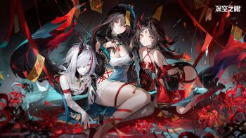 aether_gazer aqua_dress arm_strap bandaged_chest bandaged_leg bandages bare_shoulders black_collar black_hair black_horns black_nails black_sleeves breasts chest_sarashi chinese_commentary cleavage closed_mouth collar commentary_request criss-cross_straps detached_sleeves dress flower forehead_tattoo ghost_girl hair_between_eyes highres horns izanami_(aether_gazer) jiangshi jiangshi_costume large_breasts lingguang_(aether_gazer) long_hair looking_at_viewer medium_breasts midair multicolored_hair nail_polish official_art official_wallpaper orange_eyes red_dress red_flower sarashi side_slit single_horn sitting smile spider_lily streaked_hair tattoo thick_thighs thighs white_hair yellow_eyes yokozuwari