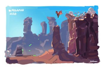 3boys arm_cannon blue_helmet border brown_cloak cloak copyright_name fofofoforstart hashtag-only_commentary helmet highres mega_man_(series) mega_man_zero_(series) multiple_boys pantheon_(mega_man) red_helmet twitter_username weapon white_border wide_shot zero(z)_(mega_man) zero_(mega_man)