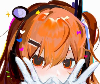 1girl a.i._voice adachi_rei close-up covering_own_mouth double_w gloves hair_ornament hair_ribbon hairclip headphones heart highres looking_at_viewer one_side_up orange_eyes orange_hair ribbon solo tanglaoban1225 utau w