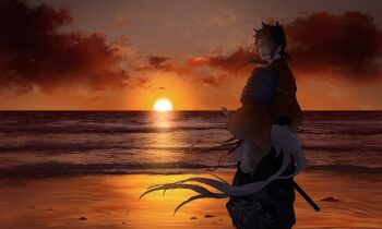 1boy :d black_hair black_pants character_request closed_eyes cloud commentary_request evening facing_viewer feet_out_of_frame ichino_(1no) japanese_clothes kimono long_hair long_sleeves male_focus ocean open_mouth orange_sky outdoors pants red_kimono sky smile solo standing sunset sword touken_ranbu weapon wide_sleeves