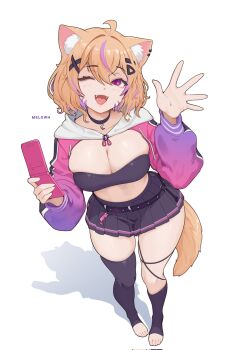 1girl ahoge animal_ear_fluff animal_ears asymmetrical_legwear belt black_skirt breasts cat_ears cat_girl cat_tail cellphone choker cleavage cropped_hoodie facial_mark feet flip_phone hair_ornament highres hood hoodie indie_virtual_youtuber large_breasts melowh multicolored_hair phone pink_eyes purple_hoodie shadow shyrei_faolan skirt stirrup_legwear streaked_hair tail thick_thighs thighhighs thighs toeless_legwear virtual_youtuber waving whisker_markings white_background x_hair_ornament