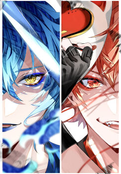 Rule 34 | 2boys, ace trappola, ace trappola (new year's attire), black gloves, blue eyeshadow, blue hair, blue lips, blurry, border, colored eyelashes, commentary request, crossed bangs, depth of field, eyeliner, eyeshadow, fangs, film grain, fingerless gloves, fingernails, fox mask, gloves, grin, hair between eyes, hand up, highres, holding, holding mask, idia shroud, idia shroud (new year's attire), japanese clothes, joe 999, katana, kimono, looking at viewer, makeup, male focus, mask, multiple boys, open mouth, orange hair, pale skin, patterned hair, portrait, red eyeliner, red eyes, red eyeshadow, short hair, smile, split screen, straight-on, sword, twisted wonderland, unworn mask, wavy hair, weapon, white background, white border, yellow eyes