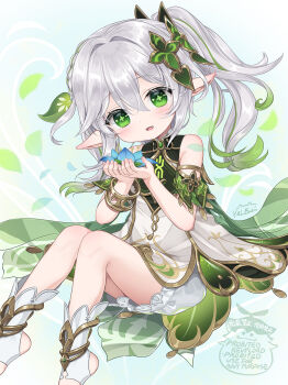1girl artist_name bare_shoulders bloomers blue_flower blush bracelet character_watermark commentary_request cross-shaped_pupils detached_sleeves dress fingernails flower genshin_impact gold_trim gradient_hair green_eyes green_hair green_sleeves hair_between_eyes hair_ornament highres holding holding_flower jewelry kei_kei leaf_hair_ornament long_hair looking_at_viewer multicolored_hair nahida_(genshin_impact) parted_lips pointy_ears side_ponytail sleeveless sleeveless_dress solo stirrup_legwear symbol-shaped_pupils toeless_legwear underwear watermark white_bloomers white_dress white_hair