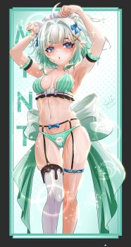 1girl absurdres ahoge armpits arms_up back_bow black_border blue_eyes border bow bra character_name commentary densetsu.exe english_commentary feet_out_of_frame garter_straps gluteal_fold green_background green_bra green_hair green_panties hair_bow hair_ornament highres light_particles looking_at_viewer mint_fantome multicolored_hair panties paw_pose pursed_lips shihir09 short_hair signature single_thighhigh skindentation sparkle streaked_hair thigh_gap thighhighs underwear virtual_youtuber white_hair x_hair_ornament