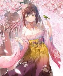 Rule 34 | 1girl, animal, animal on finger, bird, bird on hand, breasts, brown hair, cherry blossoms, commentary request, earrings, floating hair, floral print, flower earrings, gradient hakama, hakama, hakama skirt, hand up, highres, japanese clothes, jewelry, kimono, long hair, long sleeves, medium breasts, miwabe sakura, multicolored hair, orange eyes, original, pink hair, pink kimono, print hakama, print kimono, purple hakama, skirt, solo, two-tone hair, very long hair, wide sleeves, yellow hakama