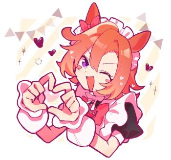 1girl amano_(amano_miko) animal_ears bow commentary_request ear_bow fang hair_between_eyes heart heart_hands horse_ears horse_girl looking_at_viewer maid maid_headdress one_eye_closed open_mouth orange_hair puffy_sleeves purple_eyes short_hair short_sleeves solo spoken_heart star_(symbol) t.m._opera_o_(umamusume) umamusume upper_body v-shaped_eyebrows