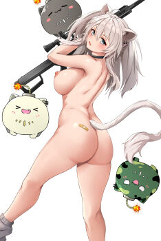 1girl absurdres ahoge animal_ear_piercing animal_ears anti-materiel_rifle ass bandaid_on_back barrett_m82 black_choker blush breasts choker commentary_request fang grey_eyes grey_hair gun highres holding holding_gun holding_weapon hololive large_breasts lion_ears lion_girl lion_tail long_hair looking_at_viewer rifle shishiro_botan shishiro_botan_(midnight_convenience_store) sideboob skin_fang sniper_rifle solo ssrb_(shishiro_botan) tail two_side_up utdkaz virtual_youtuber weapon