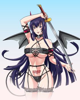 1girl arm_strap arm_up artist_name black_bra black_collar black_panties blue_eyes blue_hair bra breasts busujima_saeko cleavage collar commentary commission cowboy_shot criss-cross_straps demon_girl demon_horns demon_tail demon_wings english_commentary fishnet_thighhighs fishnets garter_belt garter_straps gluteal_fold heyreza.art highres highschool_of_the_dead holding holding_sword holding_weapon horns large_breasts lingerie long_hair open_mouth panties pubic_tattoo smile solo sword tail tattoo thigh_gap thighhighs underboob underwear very_long_hair watermark weapon wings zipper