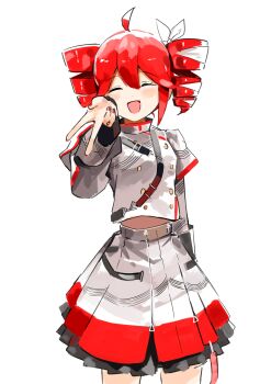 1girl :d absurdres ahoge blush blush_stickers closed_eyes dot_nose drill_hair grey_jacket grey_skirt gyaru_v highres jacket kasane_teto kasane_teto_(sv) mp777b open_mouth red_eyes red_hair simple_background skirt smile solo synthesizer_v utau v white_background