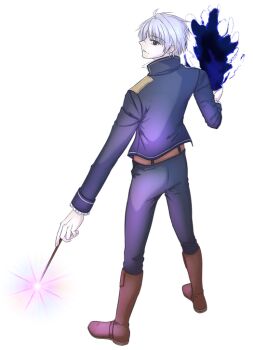 Rule 34 | 1boy, alpha transparency, belt, black eyes, black fire, blue fire, blue jacket, blue pants, blue sleeves, boots, brown belt, brown boots, collared jacket, fire, frilled sleeves, frills, gloves, grey hair, head tilt, high collar, holding, holding wand, jacket, joshua von arnim, knee boots, long sleeves, looking at viewer, magic, male focus, nexon, pants, profile, second-party source, short hair, simple background, solo, split mouth, tales weaver, transparent background, ttlyaly, wand, white gloves