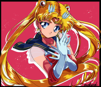 absurdres akasi0807 bishoujo_senshi_sailor_moon blonde_hair blue_eyes blue_sailor_collar bow brooch choker circlet collarbone crescent crescent_earrings crisis_moon_compact double_bun earrings elbow_gloves gloves hair_bun hair_ornament heart heart_brooch heart_choker highres jewelry long_hair parted_bangs red_bow sailor_collar sailor_moon sailor_senshi_uniform smile super_sailor_moon tagme tsukino_usagi twintails very_long_hair white_gloves yellow_choker