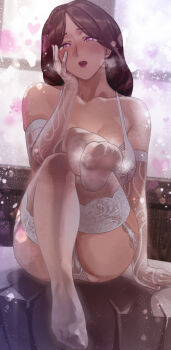 1girl absurdres bare_shoulders bra breasts commentary_request elbow_gloves feet full_body gloves highres lace lace-trimmed_panties lace-trimmed_thighhighs lace_bra lace_panties lace_trim long_hair looking_at_viewer mature_female naughty_face no_shoes original panties revision sato-san_(yewang19) soles solo thighhighs underwear white_bra white_gloves white_panties white_thighhighs yewang19