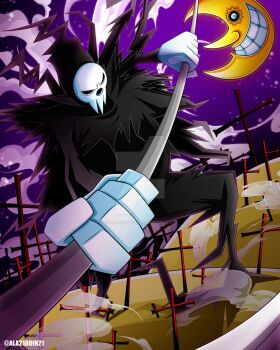 1boy aladdin_(ala21ddin21) angry clenched_teeth deviantart_logo hashtag-only_commentary holding holding_weapon male_focus night outdoors shinigami-sama smoke soul_eater soul_eater_moon teeth twitter_username weapon