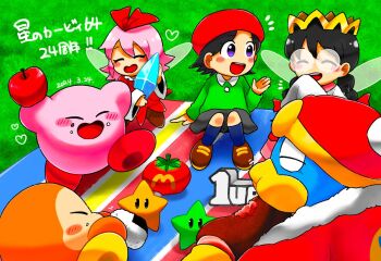 Rule 34 | 3girls, adeleine, apple, beret, black hair, black socks, blush, brown shoes, closed eyes, crown, crystal, dated, eating, fairy, fairy wings, food, fruit, grass, hat, holding, holding food, holding fruit, king dedede, kirby, kirby (series), kirby 64, long hair, maxim tomato, multiple girls, nintendo, onigiri, open mouth, picnic, red hat, ribbon (kirby), ripple star queen, sammy kucm, shoes, sitting, skirt, smile, socks, waddle dee, wings