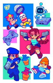 1boy 2girls absurdres ahoge aqua_shirt armor astro_bot astro_bot_(series) beanie beret blue_hat blue_pants blue_shirt boots breasts brown_boots brown_hair brown_shorts dog dual_wielding game_console gun hat highres holding holding_gun holding_needle holding_weapon jill_valentine kakeru_(saru_getchu) lara_croft long_hair low_poly medium_breasts monkey multicolored_hair multiple_girls needle orange_hat pants parappa parappa_the_rapper pipo_monkey plant playstation_1 playstation_controller potted_plant resident_evil resident_evil_1 saru_getchu shirt short_hair shorts shoulder_armor tank_top tomb_raider two-tone_hair violet_(violxiv) weapon