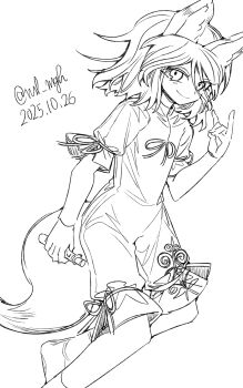 Rule 34 | 1girl, absurdres, animal ears, closed mouth, commentary request, dated, fox ears, fox girl, fox shadow puppet, highres, holding, holding test tube, ichirugi, kudamaki tsukasa, looking at viewer, neck ribbon, ribbon, romper, short sleeves, sleeve ribbon, smile, solo, tail, test tube, touhou, twitter username