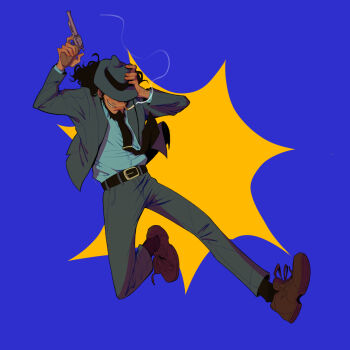 1boy beard belt belt_buckle black_hair black_necktie black_shoes blue_shirt brown_shoes buckle cigarette commentary covered_eyes deputydoink english_commentary facial_hair fedora full_body grey_jacket grey_pants gun hand_on_headwear handgun hat hat_over_eyes highres holding holding_weapon jacket jigen_daisuke long_sideburns long_sleeves lupin_iii male_focus mouth_hold mustache_stubble necktie open_clothes open_jacket pants shirt shoes sideburns smile smith_&amp;_wesson smith_&amp;_wesson_model_19 smoke smoking socks solo stubble tie_clip wavy_hair weapon