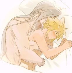 Rule 34 | 2boys, aftersex, bed sheet, blonde hair, blue eyes, blush, cloud strife, couple, covered face, cuddling, expressionless, final fantasy, final fantasy vii, grey hair, head on pillow, hug, hug from behind, indoors, long hair, lying, male focus, multiple boys, naked sheet, nose blush, on side, sephiroth, sheet grab, short hair, spiked hair, topless male, under covers, upper body, yaoi, yebuyeye, zzz