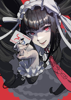 1girl absurdres black_hair black_nails bonnet card celestia_ludenberg claw_ring commentary_request danganronpa:_trigger_happy_havoc danganronpa_(series) drill_hair frilled_jacket frills gothic_lolita hair_ornament highres holding holding_card jacket lolita_fashion looking_at_viewer necktie pale_skin playing_card print_necktie red_eyes red_necktie twin_drills v-bangs yoru_tsuki12