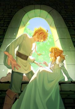 Rule 34 | 1boy, 1girl, absurdres, ahoge, alternate costume, alternate hairstyle, arm support, blonde hair, blue eyes, blue pants, boots, braid, braided ponytail, brown boots, brown sash, commentary, day, dress, empire waist, eye contact, fate/strange fake, fate (series), from side, green ribbon, hair ribbon, half updo, hand up, highres, imminent hand holding, indoors, juliet sleeves, knee boots, lace-up boots, light particles, long dress, long hair, long sleeves, looking at another, multicolored hair, nnn 3261, on one knee, on windowsill, open mouth, outstretched hand, pants, parted lips, profile, puffy long sleeves, puffy sleeves, red eyes, red hair, ribbon, ribbon braid, richard i (fate), sajou ayaka (fate/strange fake), sash, shirt, sitting, smile, streaked hair, teeth, tree, upper teeth only, waist sash, white dress, white shirt, window, windowsill
