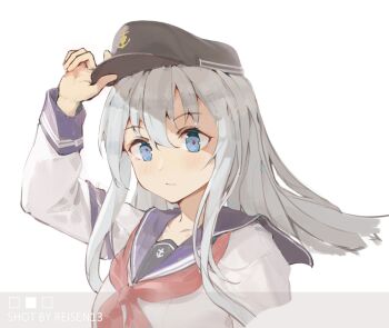 1girl adjusting_clothes adjusting_headwear anchor_symbol arm_up artist_name black_hat blue_eyes blue_sailor_collar blush closed_mouth flat_cap floating_hair grey_hair hair_between_eyes hat hibiki_(kancolle) kantai_collection long_hair looking_at_viewer neckerchief red_neckerchief reisen13 sailor_collar school_uniform serafuku sidelocks simple_background solo upper_body white_background white_serafuku