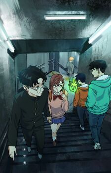 1girl 5boys absurdres ayase_momo backpack bag black_hair black_pants blue_skirt bow brown_footwear brown_hair commentary couple dandadan denim earrings ekubo_(mob_psycho_100) formal_clothes glasses grey_pants grey_suit highres holding_hands hood hood_down hoodie jeans jewelry jope0o kageyama_ritsu kageyama_shigeo looking_back making-of_available medium_hair mob_psycho_100 multiple_boys orange_hair pants railing red_bow reigen_arataka school_uniform short_hair skirt spirit stairs subway suit takakura_ken_(dandadan) waving white_footwear