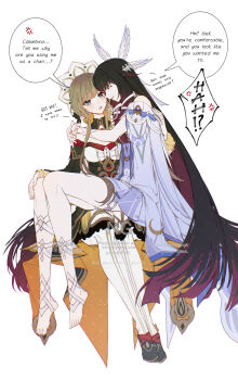 2girls anger_vein arms_around_neck bare_shoulders barefoot black_hair blue_eyes blush brown_hair closed_eyes columbina_(genshin_impact) commentary dress english_commentary english_text feathered_wings genshin_impact gloves hand_on_another&#039;s_knee highres multiple_girls open_mouth panties purple_dress purple_streaks sandrone_(genshin_impact) sieka_(piiroinardesco) simple_background sitting sitting_on_lap sitting_on_person smile speech_bubble sweat toes underwear white_background white_gloves white_panties wings yuri